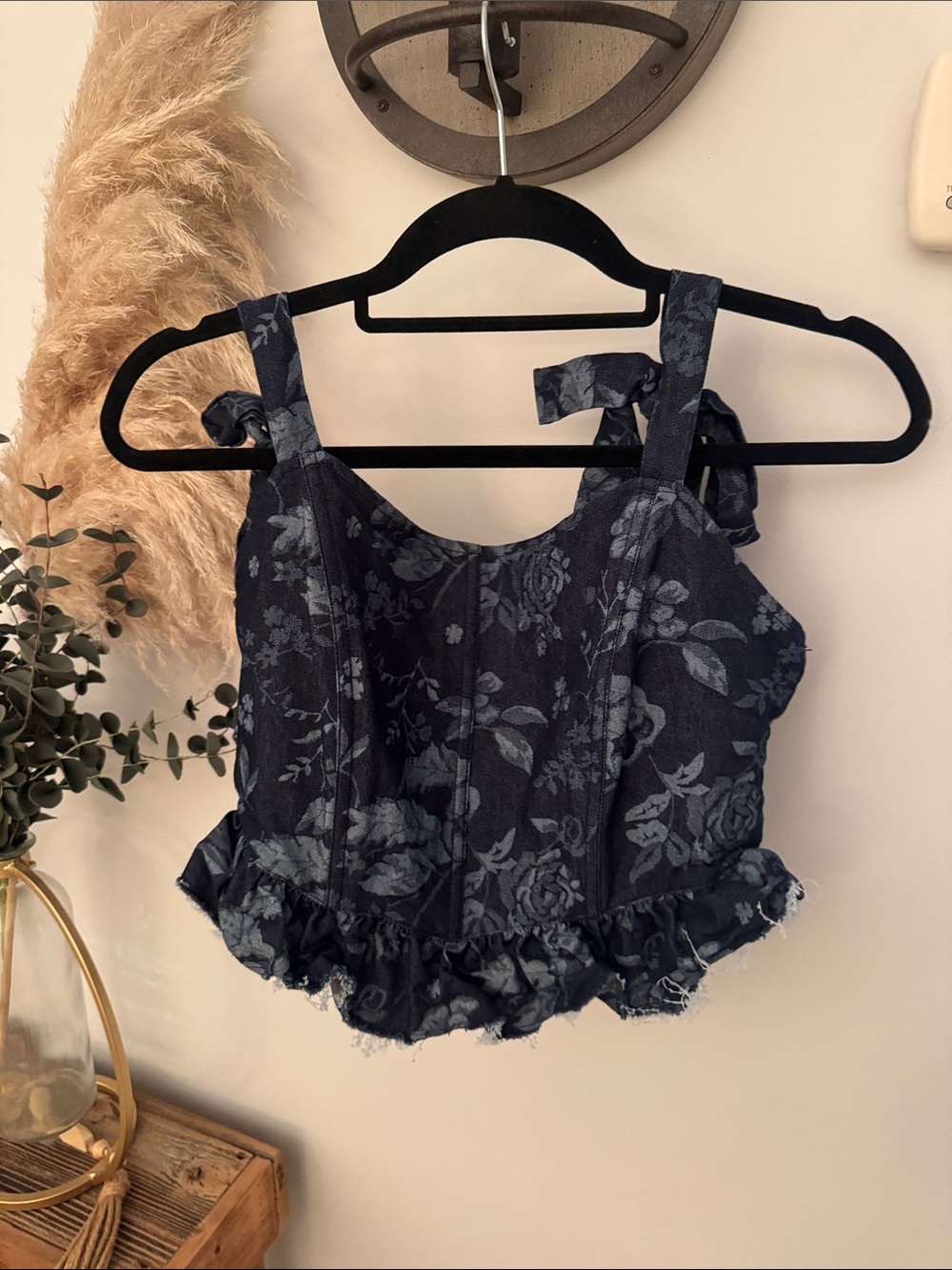 Navy Floral Ruffle Tie-Shoulder Crop Top